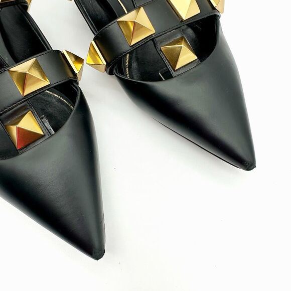 VALENTINO Roman Rockstud Black Gold Cage Flat 38.5 Pointed Toe Leather Gladiator - Picture 5 of 15